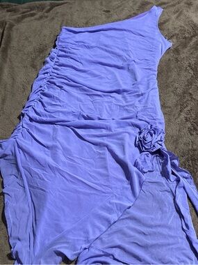 Lilac one shoulder asymmetrical hem dress with runched detailing